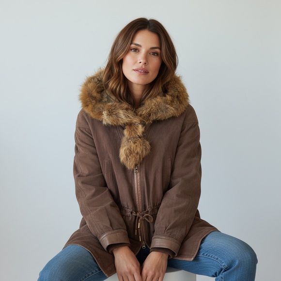 Jackets & Blazers - vtg Gerome made in Spain lambs leather red‎ fox trim coat jacket L tan brown